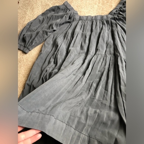 Mustard Seed Women’s L Charcoal Gray Chambray Puffed Sleeve Tiered Pocket Dress - Picture 11 of 11